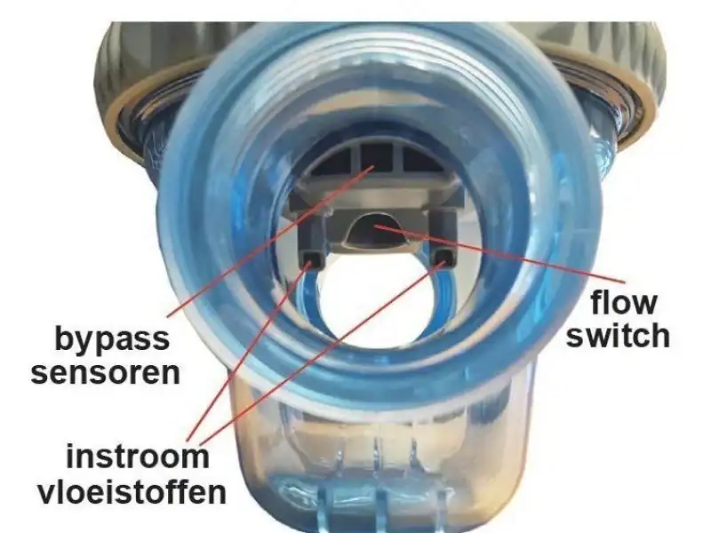 Flowkammer Zelia Pod 50mm mit Bypass-Sensor und Einlass für Flüssigkeiten.