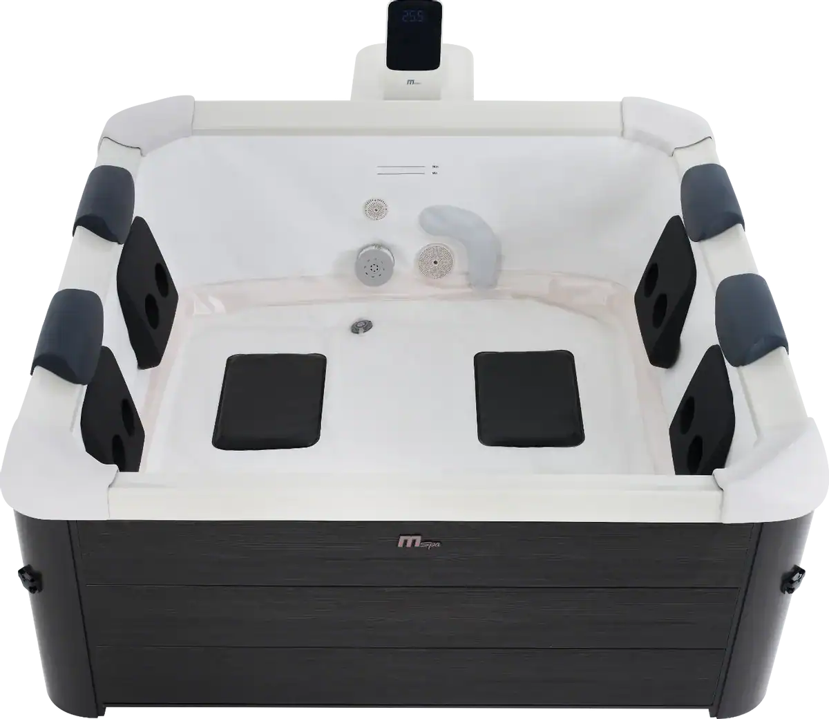 Luxuriöse 6-Personen-Frame-Spa mit komfortablen Sitzplätzen und Massagejets.