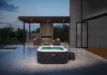 Luxuriöser Außenwhirlpool auf einer modernen Terrasse mit Blick auf den Garten, perfekt zum Entspannen und Genießen.