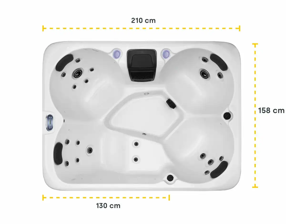 Spa-Wanne mit 4 Sitzplätzen und Massagedüsen zur Entspannung.