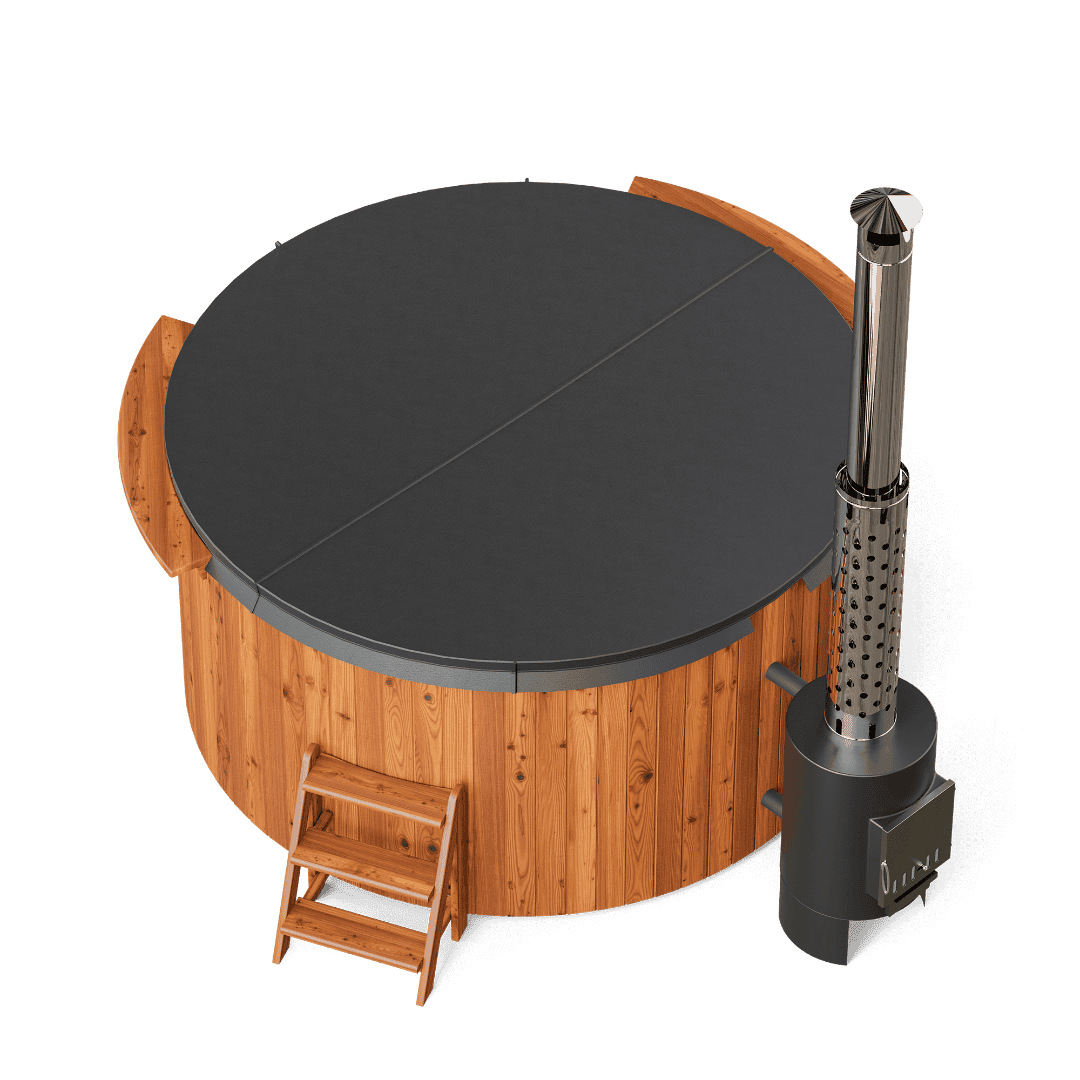 Hölzerner PolarSpa Hottub Comfort Family 220 mit passender Holzverkleidung und Außensauna.