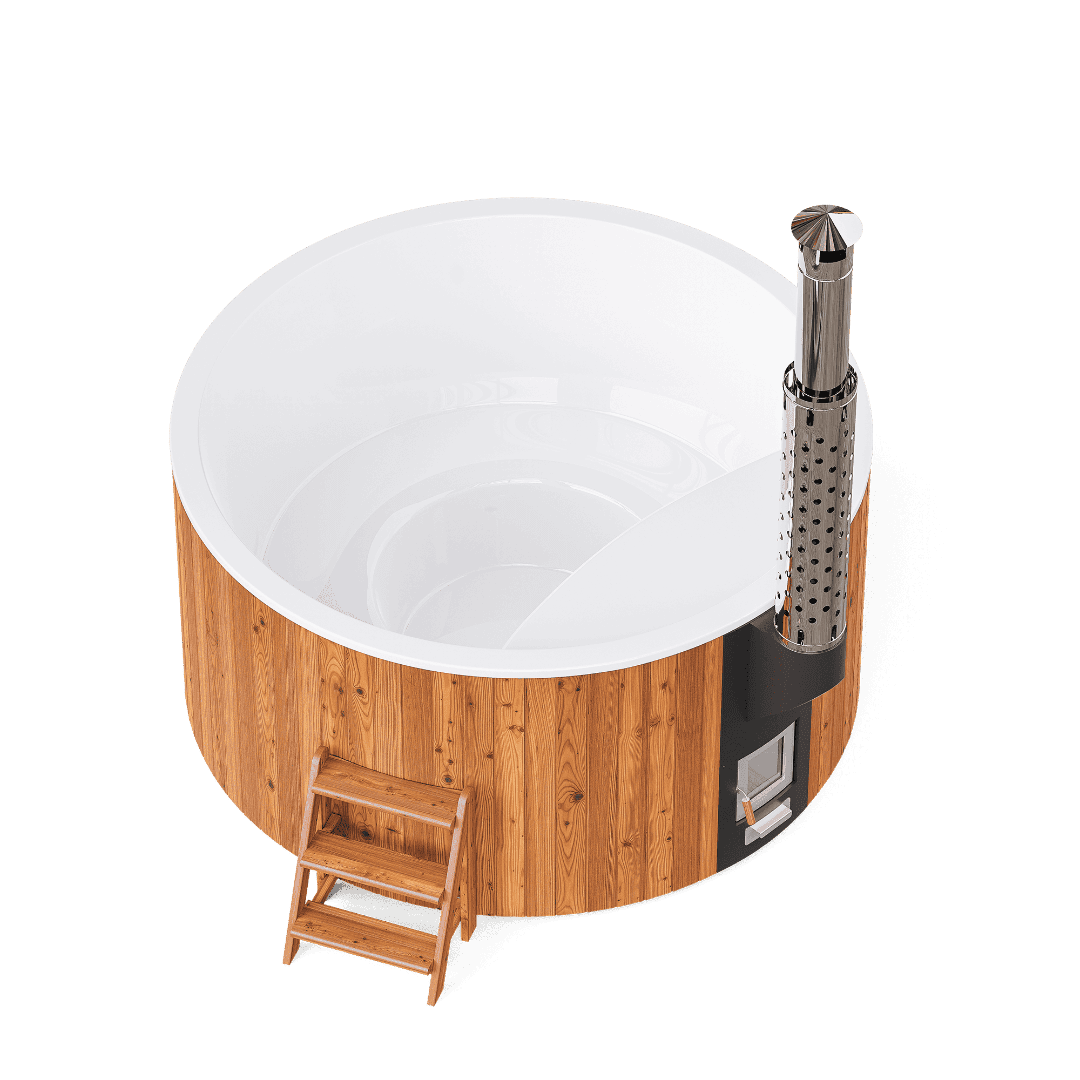 PolarSpa Elite 220 Hot Tub mit integriertem Ofen und Holzaußenverkleidung.