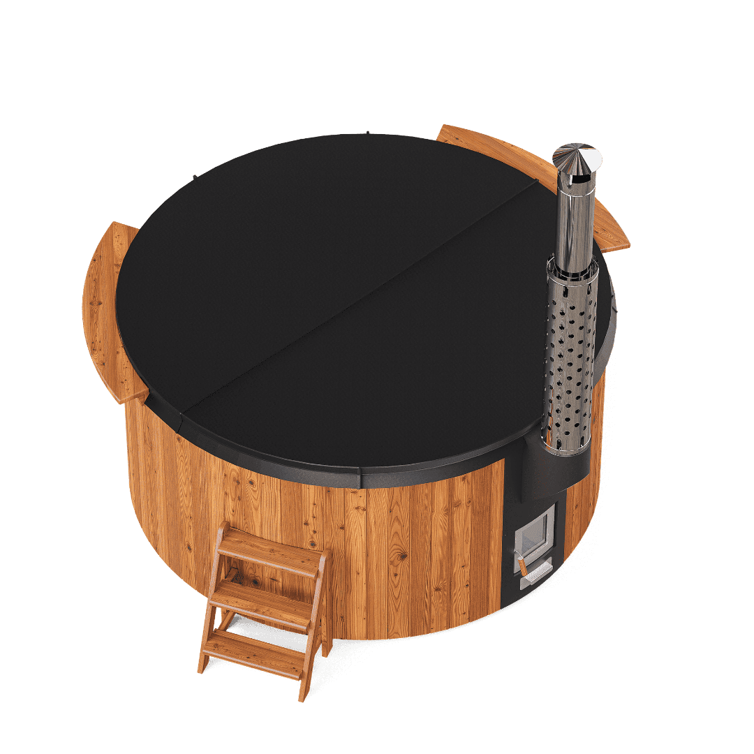 PolarSpa Elite 220 Hot Tub mit integriertem Ofen und Holzummantelung.