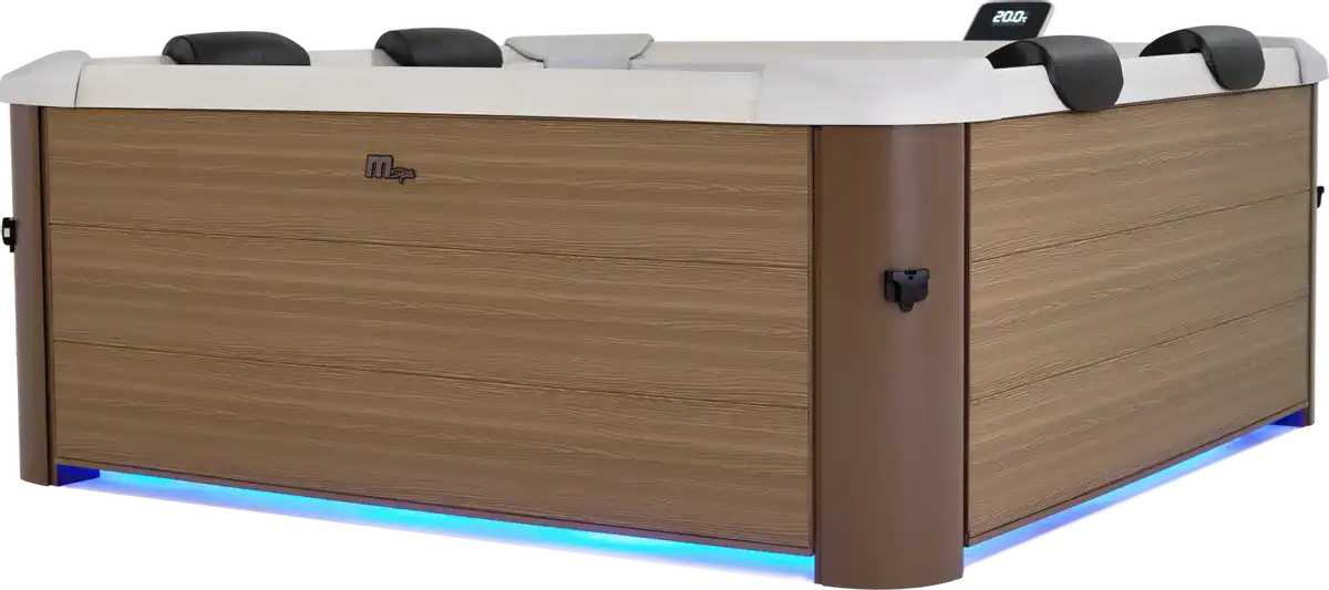 Luxuriöser 6-Personen-aufblasbarer Spa mit Holzrahmen und LED-Beleuchtung.