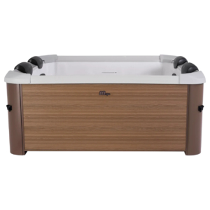 Swim-Spa mit Holzoptik, geeignet für 6 Personen, ideal zum Entspannen und Erholen.
