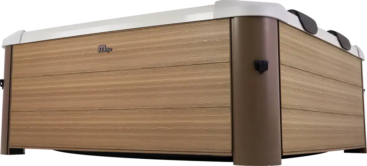 Luxuriöse 6-Personen-Spa mit Amber-Holzrahmen und komfortablen Sitzplätzen.