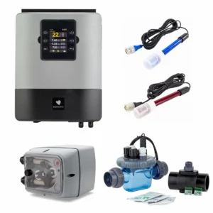Hydrolyse-Set für Poolwasser, geeignet für Pools bis 65 m3, inklusive Steuerpaneel und Zubehör.