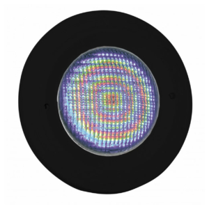 LED-Poolleuchte in Schwarz mit farbenfrohem Beleuchtungsmuster für Einbauset.