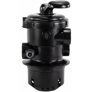 Schwarzes Mega+ 6-Wege-Ventil mit Klemmdeckel für MFV Sandfilter, Topmount-Anschluss.
