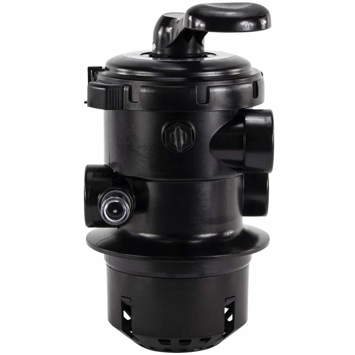 Schwarzes Mega+ 6-Wege-Ventil mit Klemmdeckel für MFV Sandfilter, Topmount-Anschluss.