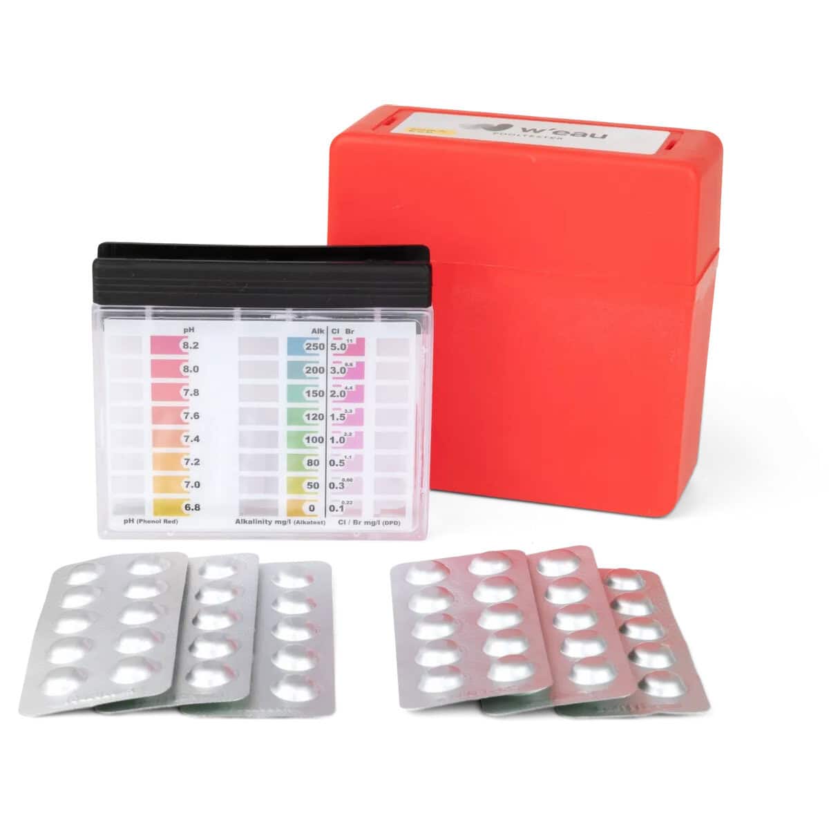 Testset für Poolwasser, pH- und Chlorwerte, inklusive Teststreifen und Messinstrument.