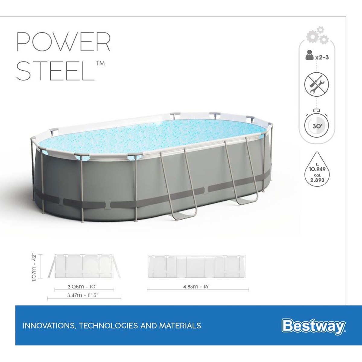 Bestway Power Steel ovaler Pool - 488 x 305 x 107 cm - mit Filterpumpe und Zubehör