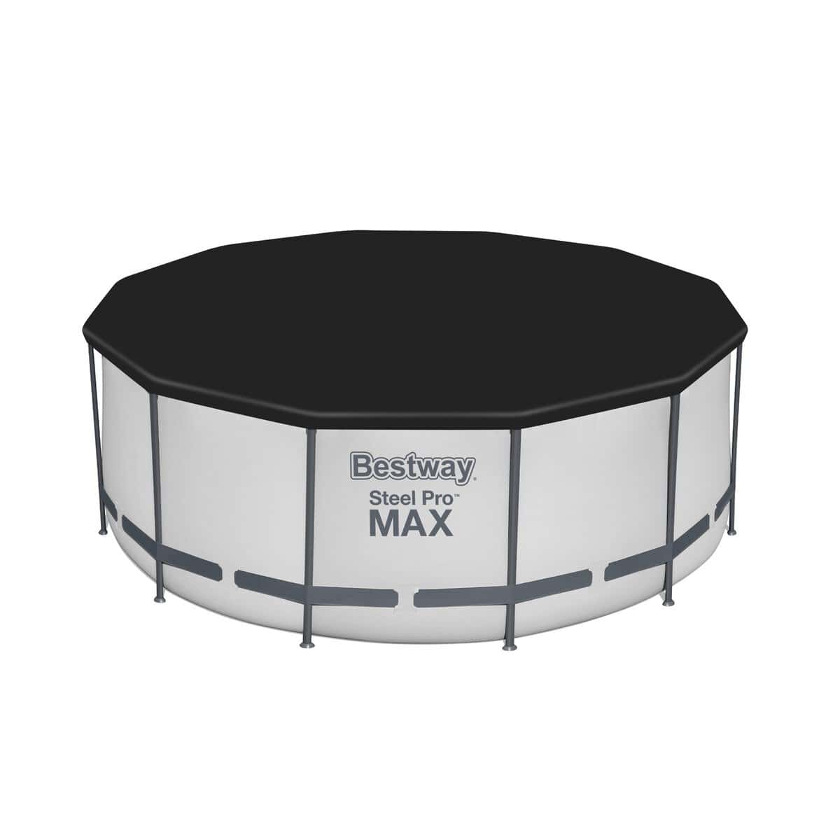 Bestway Steel Pro MAX Pool mit schwarzer Abdeckung und Metallrahmen.
