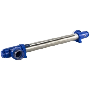 Langlebiger Poolfilter mit Edelstahlrohr und blauen Anschlüssen.