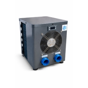 Kompaktes Kühlgerät für Poolwasser mit Ventilator und Anschlüssen.