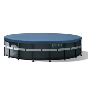 Intex aufblasbarer Pool mit blauem Rand und schwarzer Unterseite.