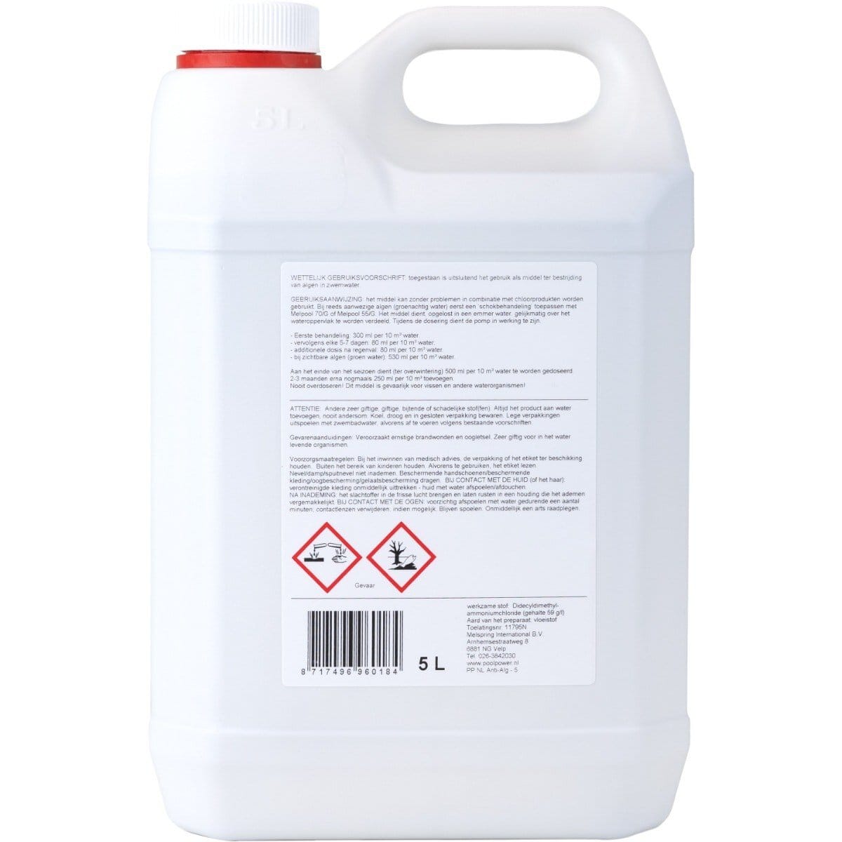 Sichere Lagerung von Poolchemikalien in einer großen 5-l-Flasche.