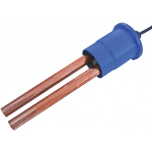 Elektrisches Heizelement für Pool, mit Kupferrohren und blauem Gehäuse.